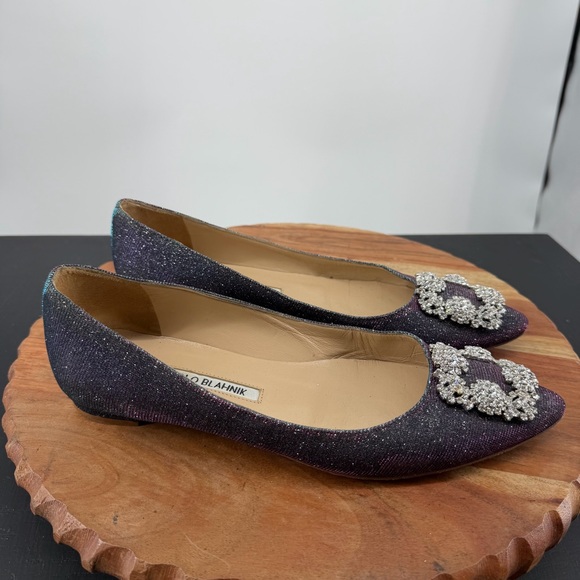 Manolo Blahnik Shoes - Manolo Blahnik Hangisi Flat blue glitter FMC ballerina 37.5 7.5